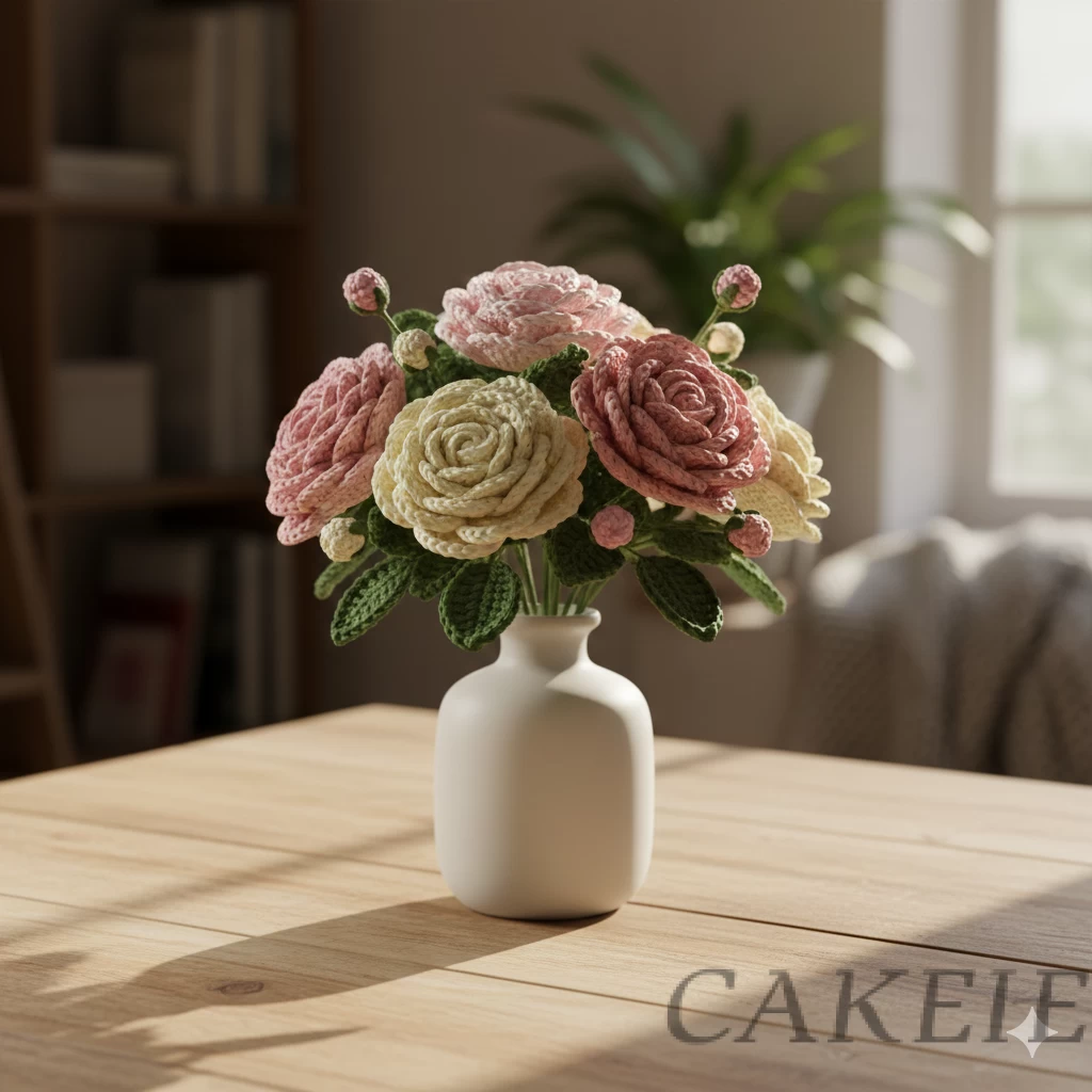 Crochet Yellow Pink Rose with Vase